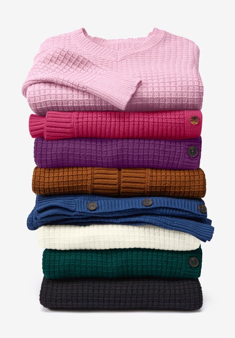 Side Button V-Neck Waffle Knit Sweater, , alternate image number null