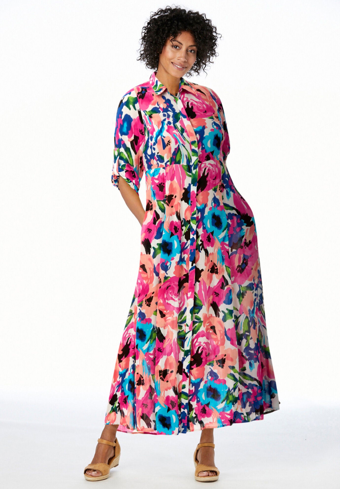 Roll-Tab Sleeve Crinkle Shirtdress, , alternate image number 3