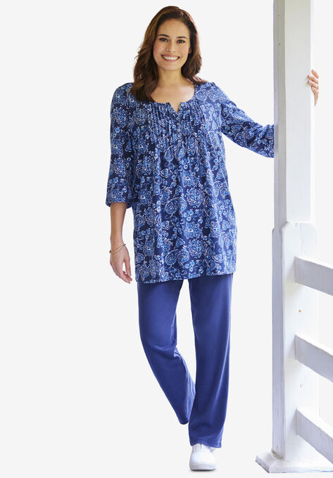 Three-Quarter Sleeve Pintucked Henley Tunic, NAVY PAISLEY FLORAL, hi-res image number null