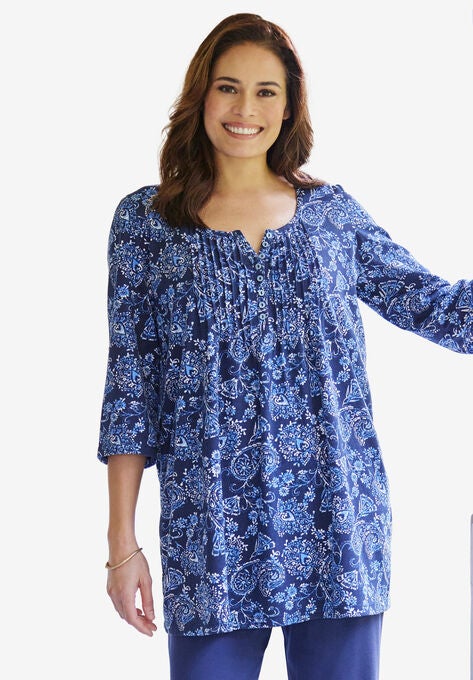 Three-Quarter Sleeve Pintucked Henley Tunic, NAVY PAISLEY FLORAL, hi-res image number null