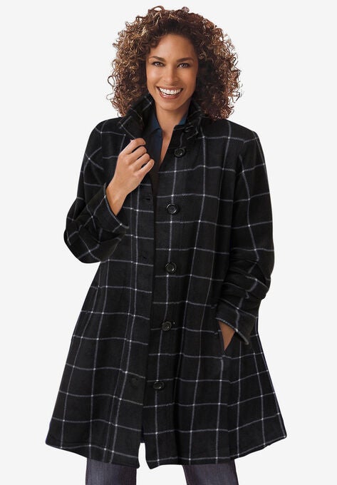 Fleece Swing Funnel-Neck Coat, BLACK WINDOWPANE PLAID, hi-res image number null
