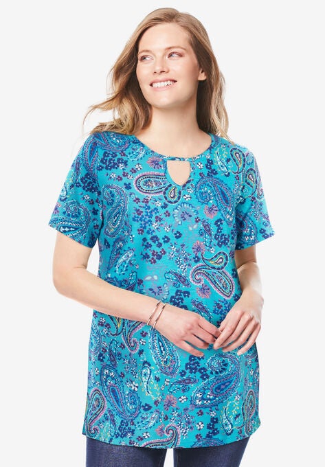 Perfect Printed Short-Sleeve Keyhole Tee, , alternate image number null