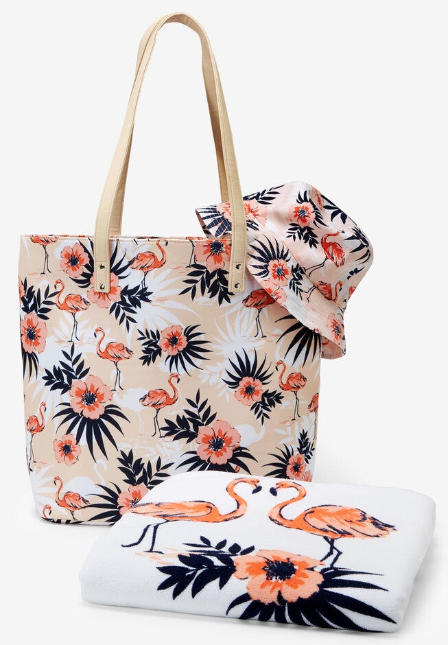 3-Piece Printed Beach Set, TROPICAL FLAMINGO, hi-res image number 0