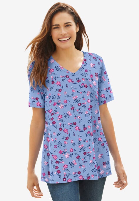 Perfect Printed Short-Sleeve V-Neck Tee, FRENCH BLUE PRETTY FLORAL, hi-res image number null