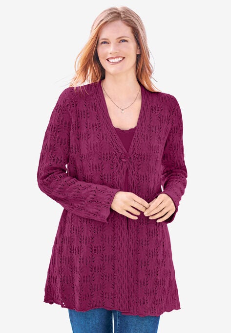 Single Button Pointelle Cardigan, RASPBERRY, hi-res image number null