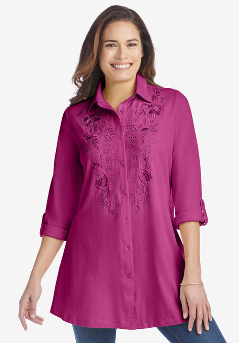 Button-Front Embroidered Tunic, RASPBERRY EMBROIDERY, hi-res image number null