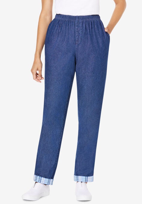 Elastic-Waist Cotton Straight Leg Pant with Flannel Lining, MEDIUM STONEWASH, hi-res image number null