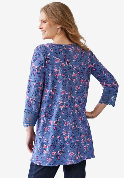Crochet-Trim Three-Quarter Sleeve Tunic, , on-hover image number null