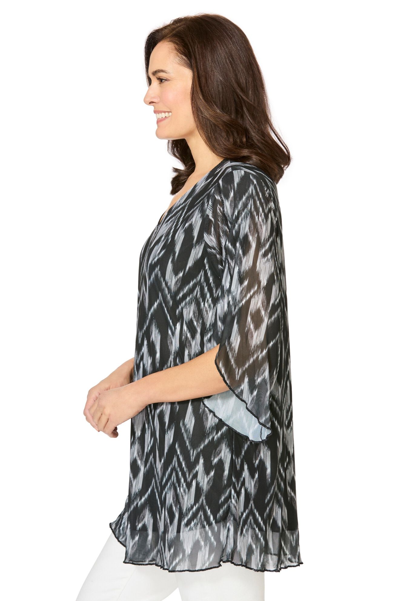 Miracle Mesh Tulip Three-Quarter Sleeve Tunic, BLACK WHITE IKAT, alternate image number 2