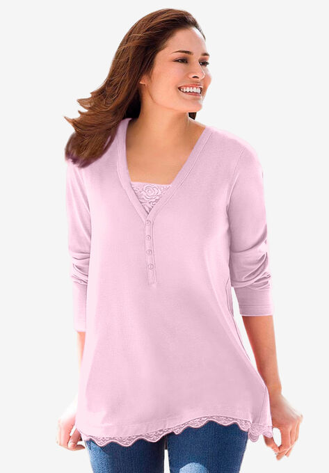 Ribbed Layered-Look Lace-Trim Tee, PINK, hi-res image number null