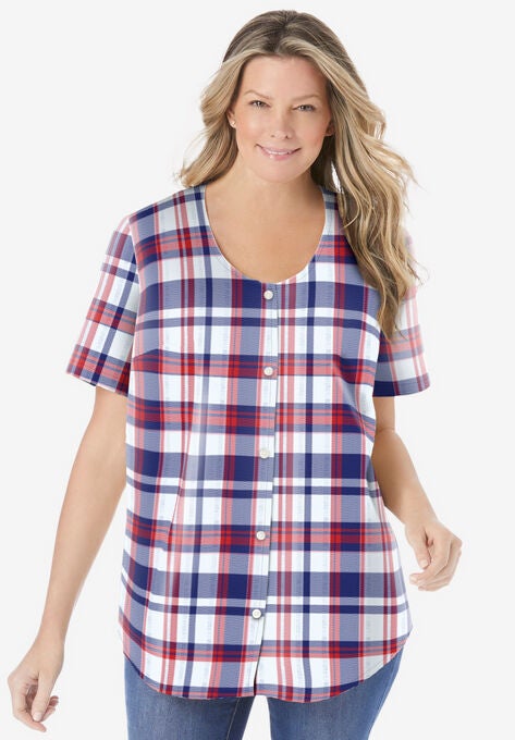Seersucker V-Neck Shirt, RED WHITE BLUE PLAID, hi-res image number null