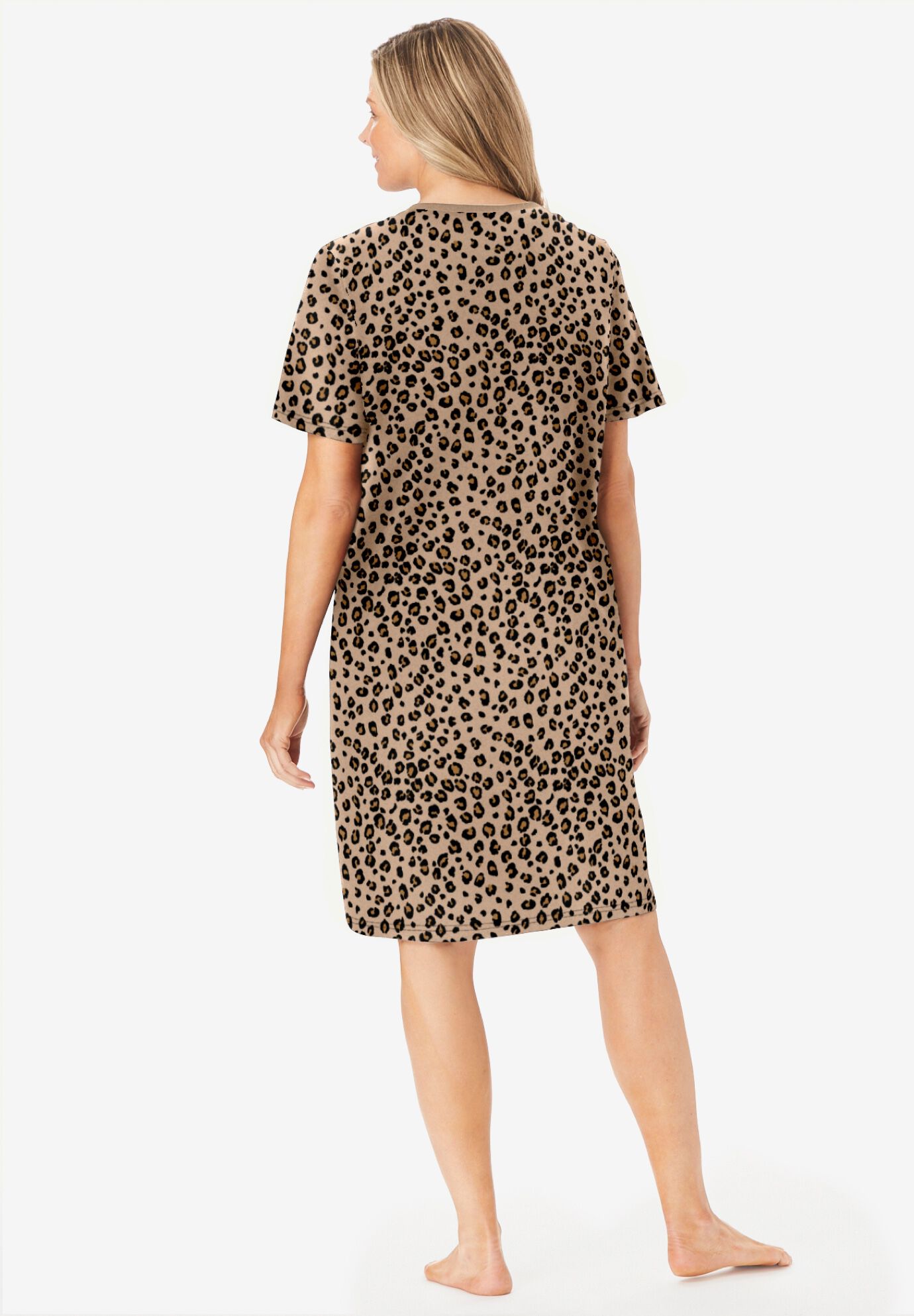 V-NECK SHORT SLEEVE KNEE-LENGTH COTTON SLEEPSHIRT, CLASSIC LEOPARD, on-hover image number 1