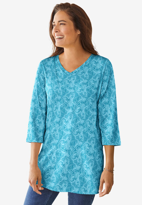Perfect Printed Three-Quarter-Sleeve V-Neck Tunic, AZURE PAISLEY, hi-res image number null