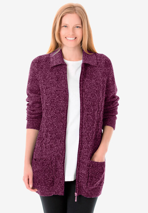 Marled Zip-Front Cable Knit Cardigan, DEEP CLARET WHITE MARLED, hi-res image number null
