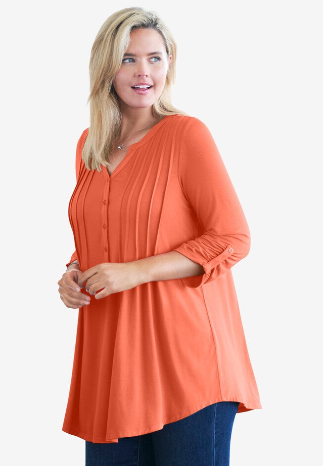 Pleated Henley Top, PUMPKIN, hi-res image number null
