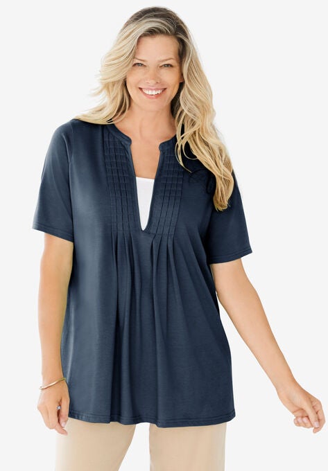 Layer-Look Elbow-Sleeve Tee, NAVY, hi-res image number null