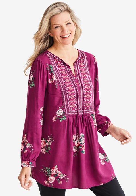 Bib Front Tunic, DEEP CLARET ROSES, hi-res image number null