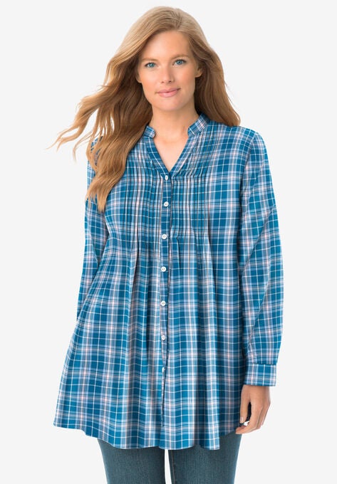 Pintucked Flannel Shirt, EXOTIC PEACOCK PLAID, hi-res image number null