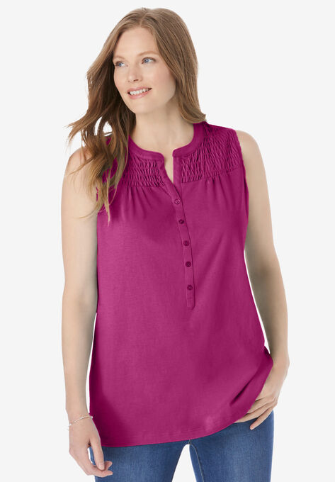 Smocked Henley Tank Top, RASPBERRY, hi-res image number null