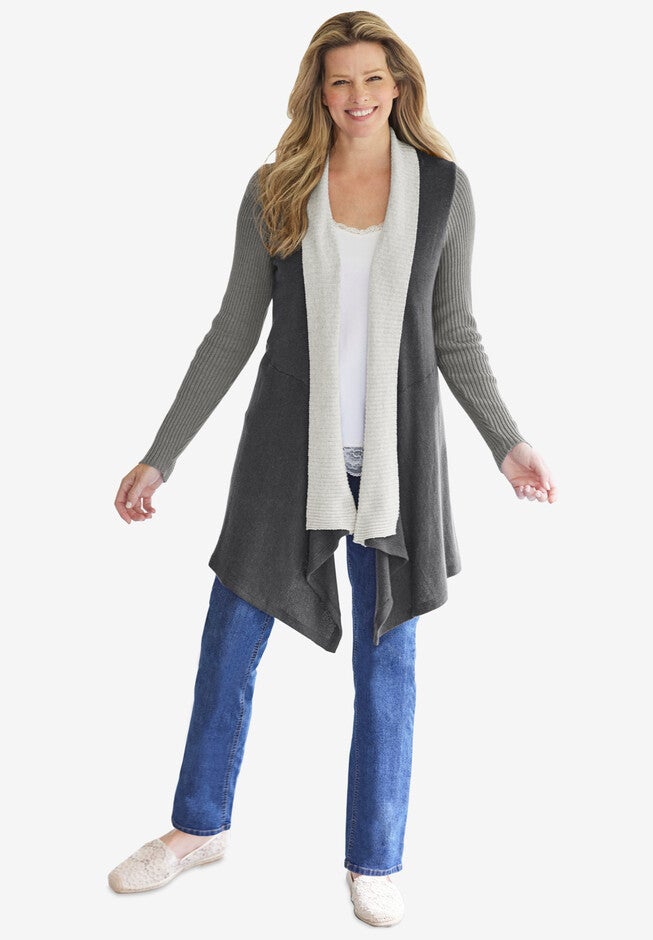Color block Drape Duster Cardigan, MEDIUM HEATHER GREY COLORBLOCK, hi-res image number 0