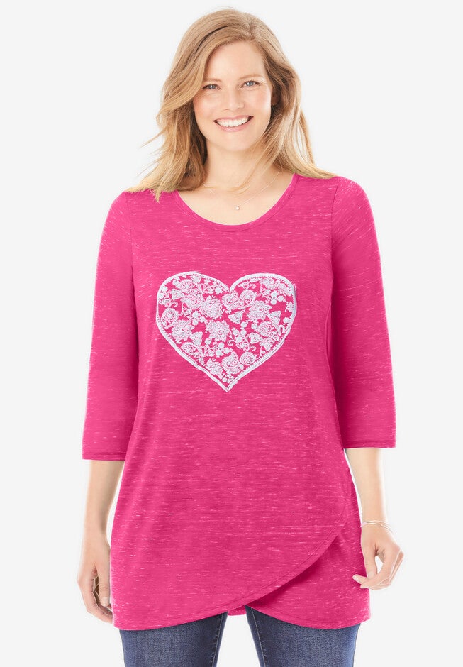 Marled Tulip Hem Layered Tunic, RASPBERRY SORBET HEART PLACEMENT, hi-res image number 0