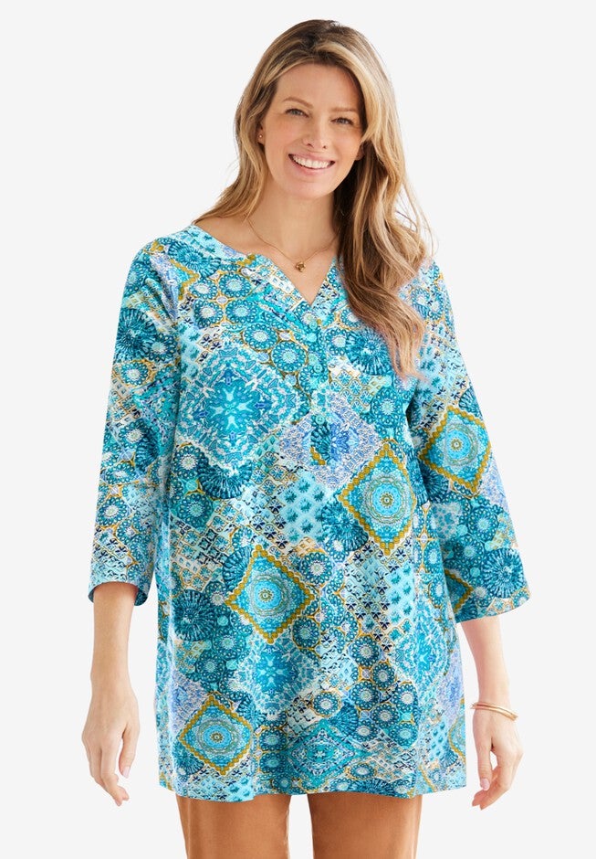 Henley Three-Quarter Sleeve Knit Tunic, AZURE MOSAIC, hi-res image number null