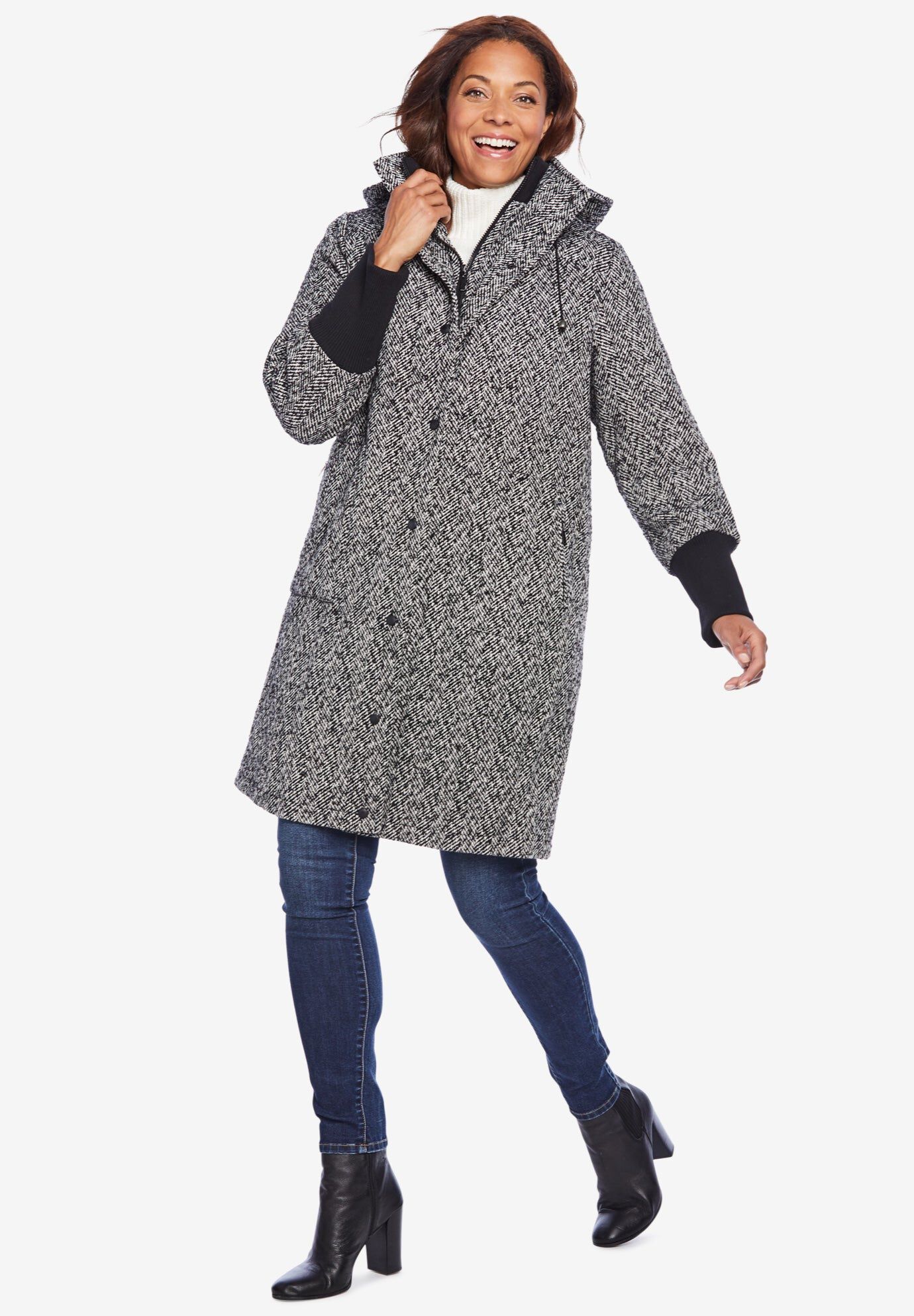 Rib-Knit Trim Wool Coat, BLACK HERRINGBONE, hi-res image number 0