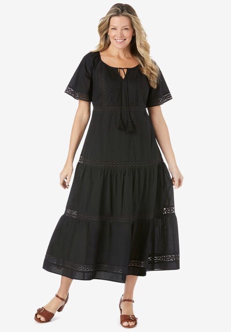 Crochet Trim Tassel-Tie Dress, BLACK, hi-res image number null