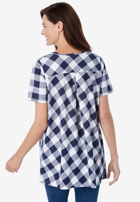 Top in soft buffalo plaid knit, tunic length with pintucks, , on-hover image number null