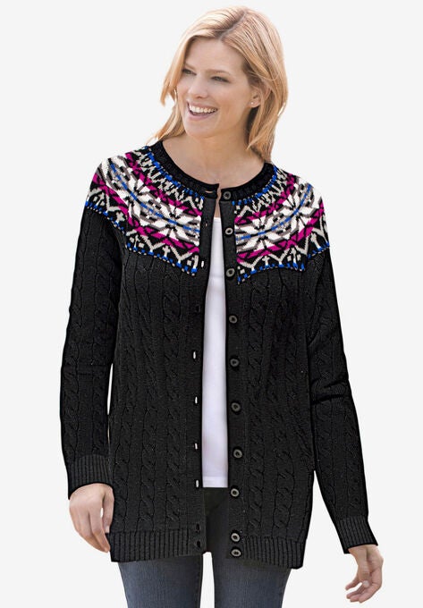 Fair Isle Cardigan, BLACK FAIR ISLE STRIPE, hi-res image number null