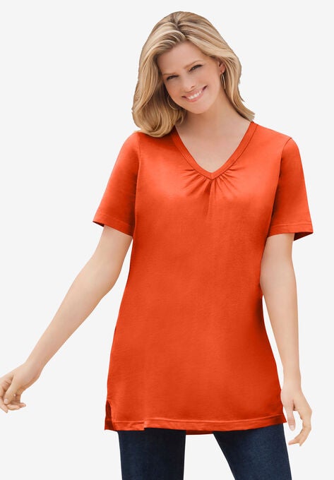 Perfect Short-Sleeve Shirred V-Neck Tunic, GRENADINE, hi-res image number null