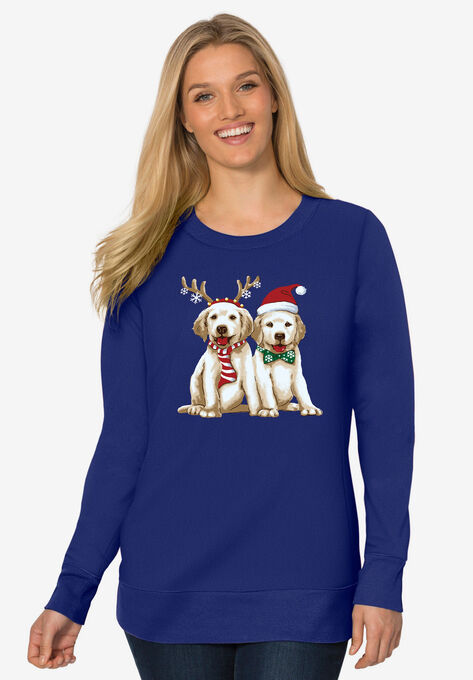 Fleece Holiday Sweatshirt, EVENING BLUE FESTIVE DOGS, hi-res image number null