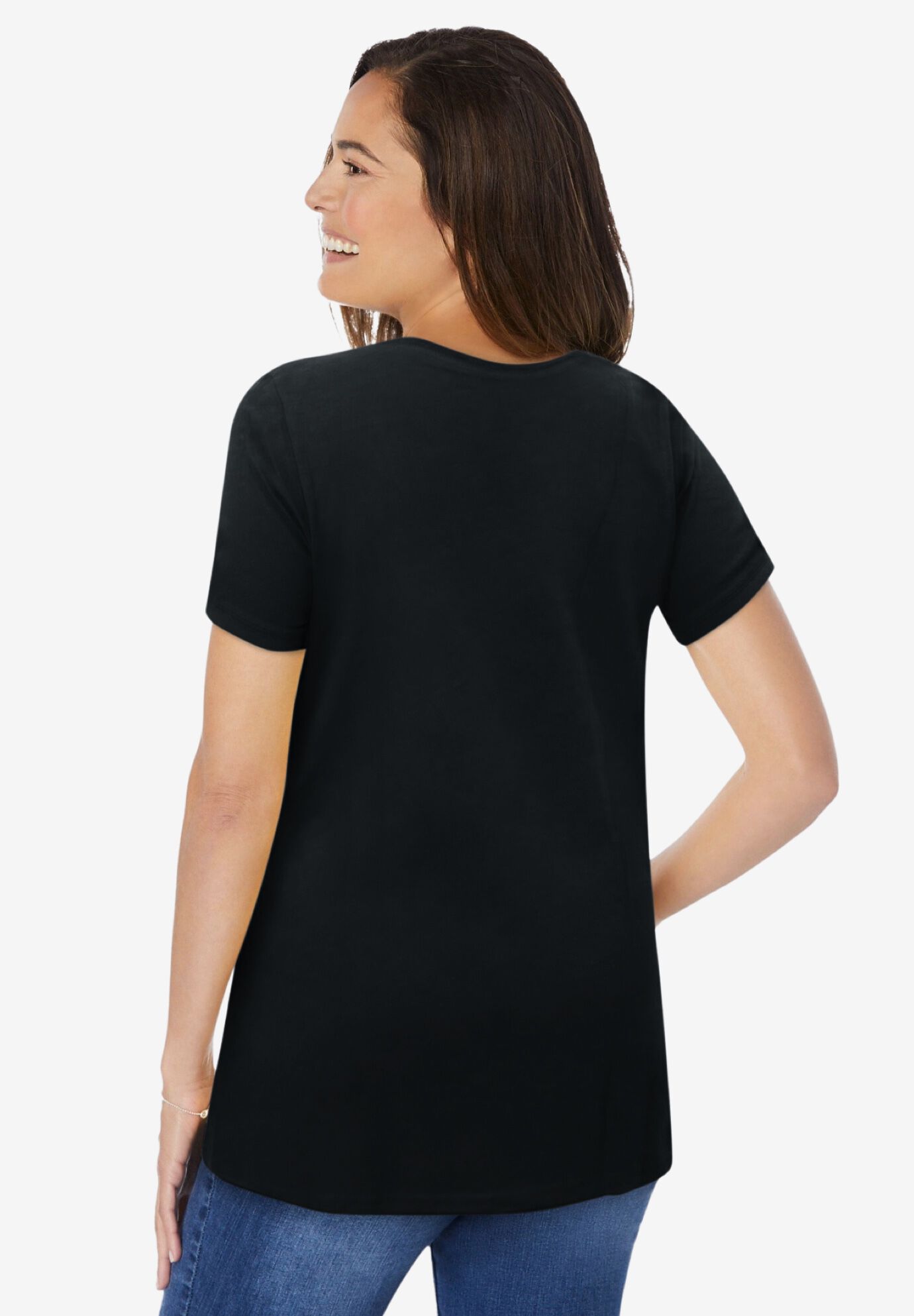Perfect Short-Sleeve Shirred U-Neck Tunic, BLACK, on-hover image number 1