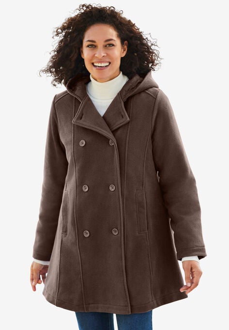 Double-Breasted Hooded Fleece Peacoat, CHOCOLATE, hi-res image number null