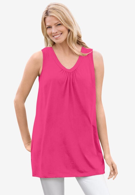 Perfect Printed Sleeveless Shirred V-Neck Tunic, , alternate image number null