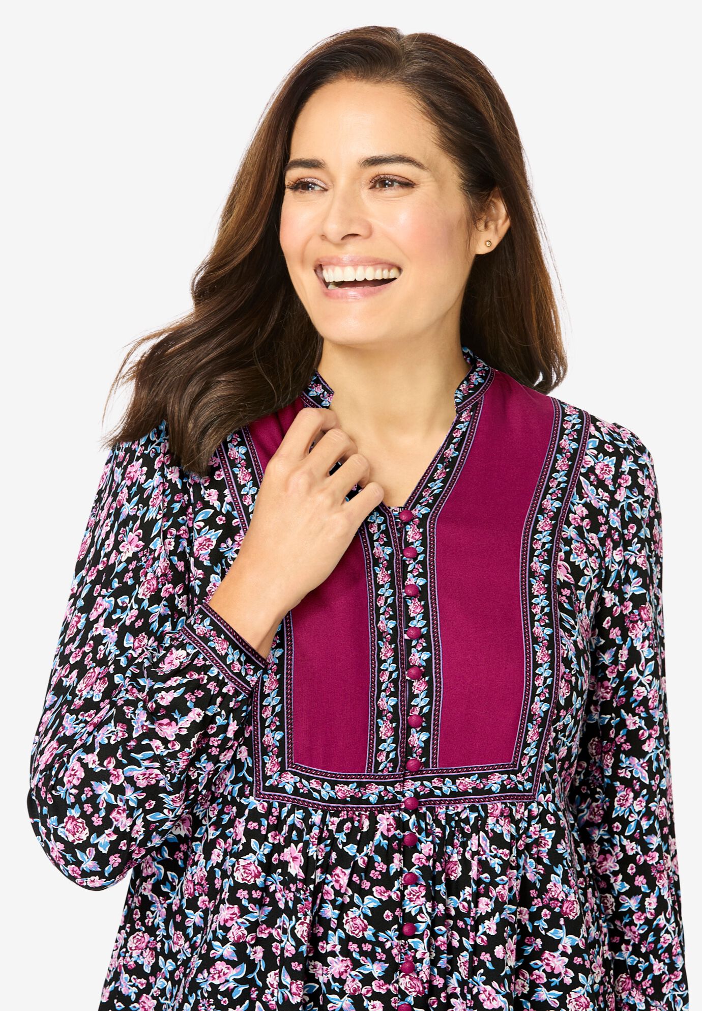 Button-Front Mixed Print Tunic, BLACK ROSE GARDEN, alternate image number 3