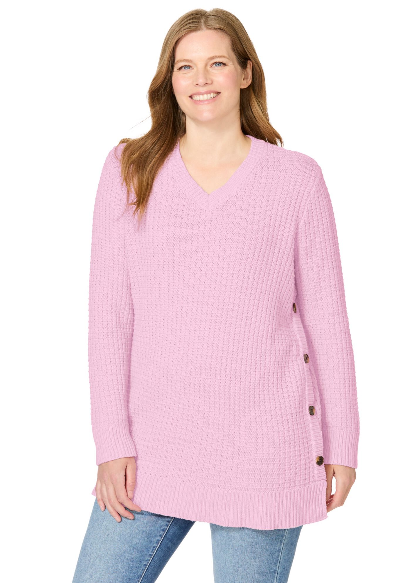 Side Button V-Neck Waffle Knit Sweater, PINK, on-hover image number 1