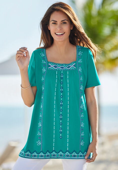 Embroidered Square Neck Tee, , alternate image number null
