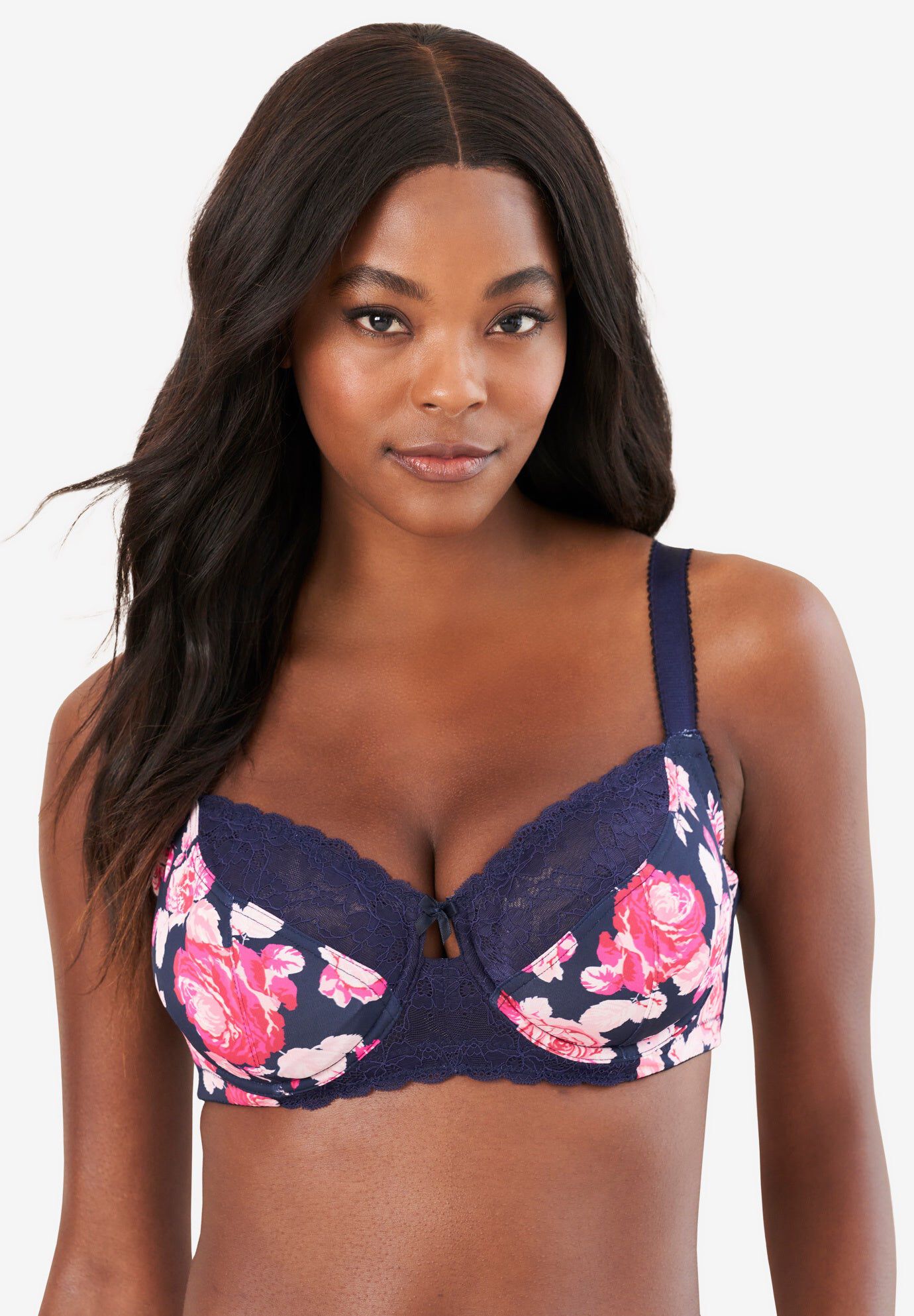 Lace-Trim Underwire Bra , NAVY ROSE, hi-res image number 0