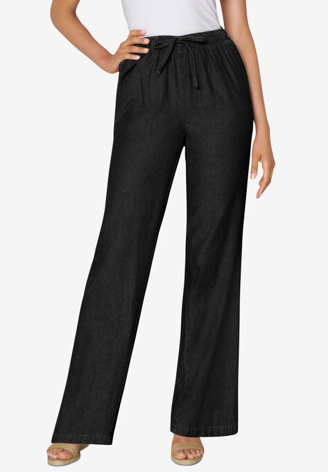 Pull-On Elastic Waist Cotton Chambray Pants, BLACK, hi-res image number null