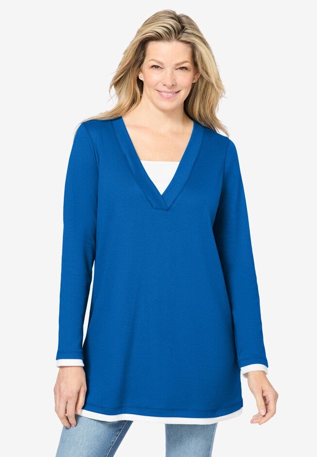 Long-Sleeve Layered-Look V-Neckline Tunic, BRIGHT COBALT, hi-res image number 0