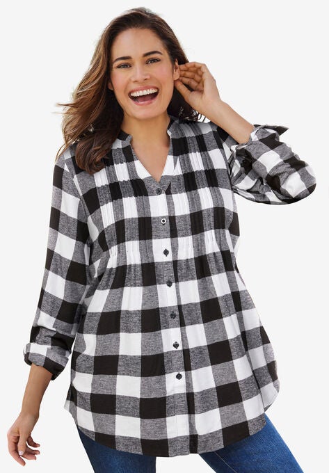 Pintucked Flannel Shirt, WHITE BUFFALO PLAID, hi-res image number null