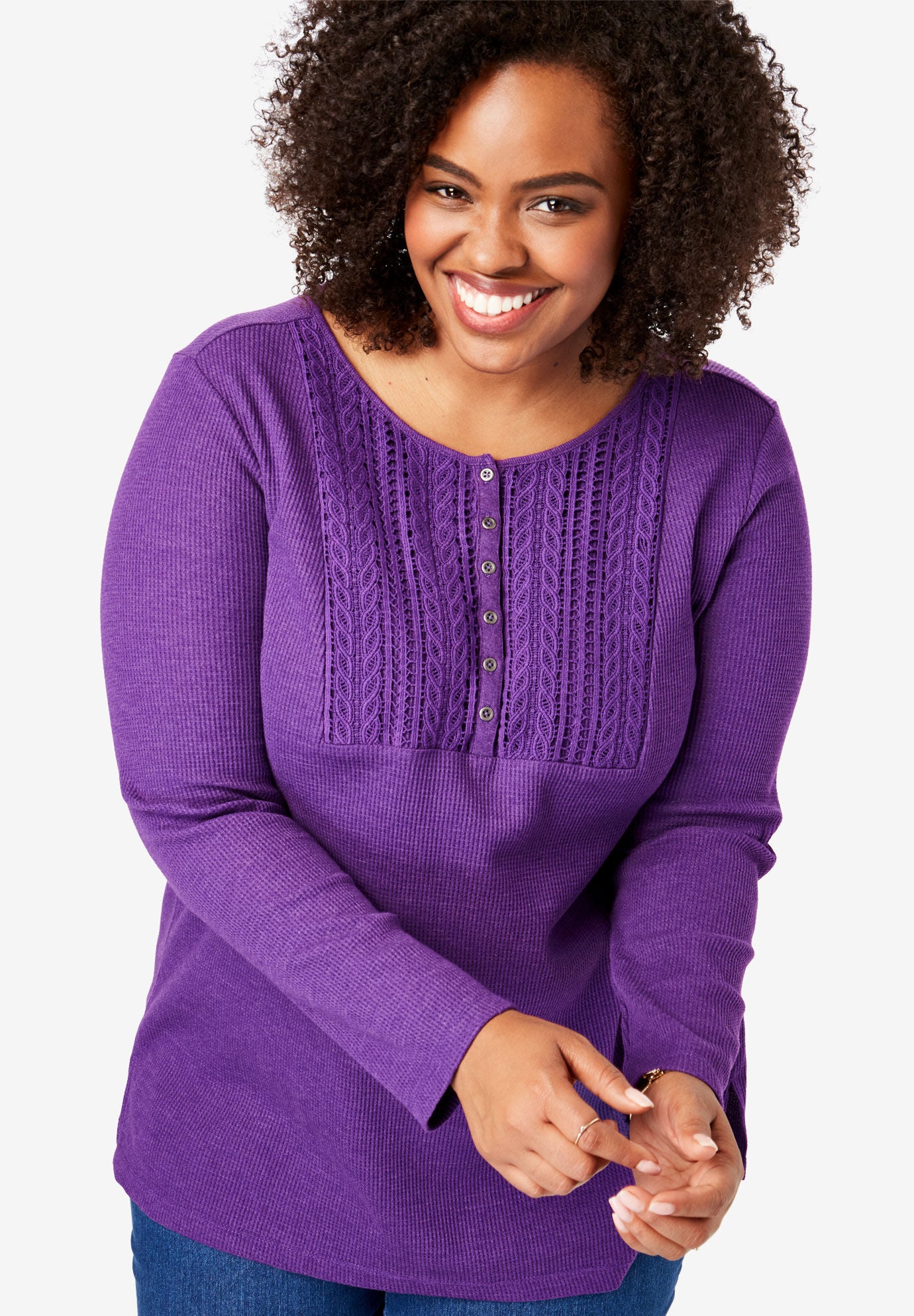 Woman Within Womens Plus Size Lace Bib Washed Thermal Henley Tee