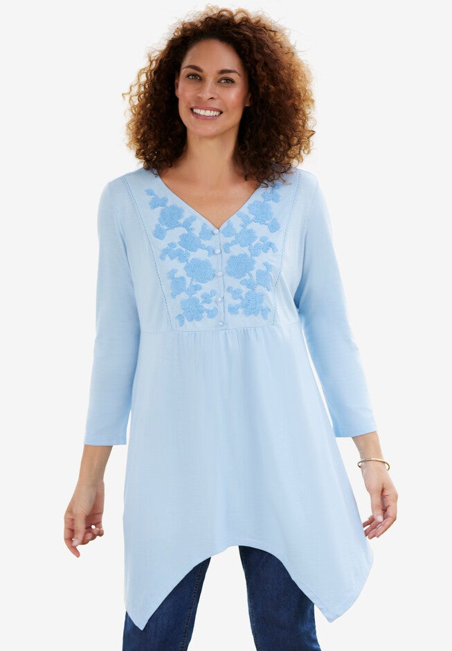Three-Quarter Sleeve Bib Front Sharkbite Tunic, SKY BLUE EMBROIDERY, hi-res image number null
