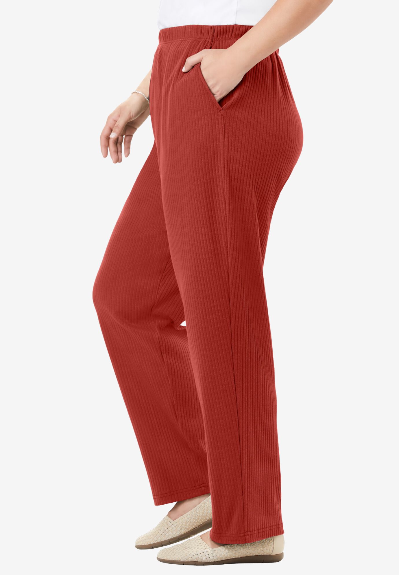 7-Day Knit Ribbed Straight-Leg Pull-On Pants, RED OCHRE, alternate image number 3