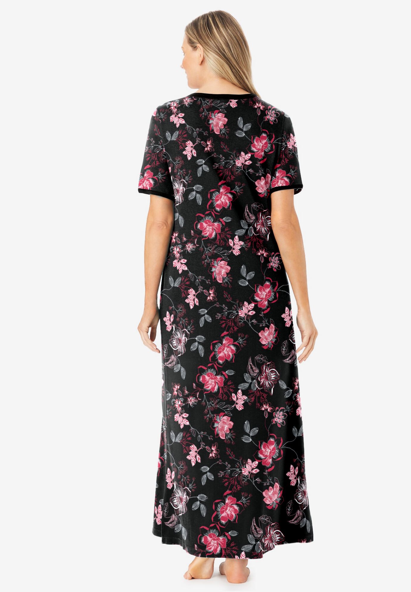 V-Neck Short Sleeve Maxi T-Shirt Lounger, BLACK BOUQUET, on-hover image number 1