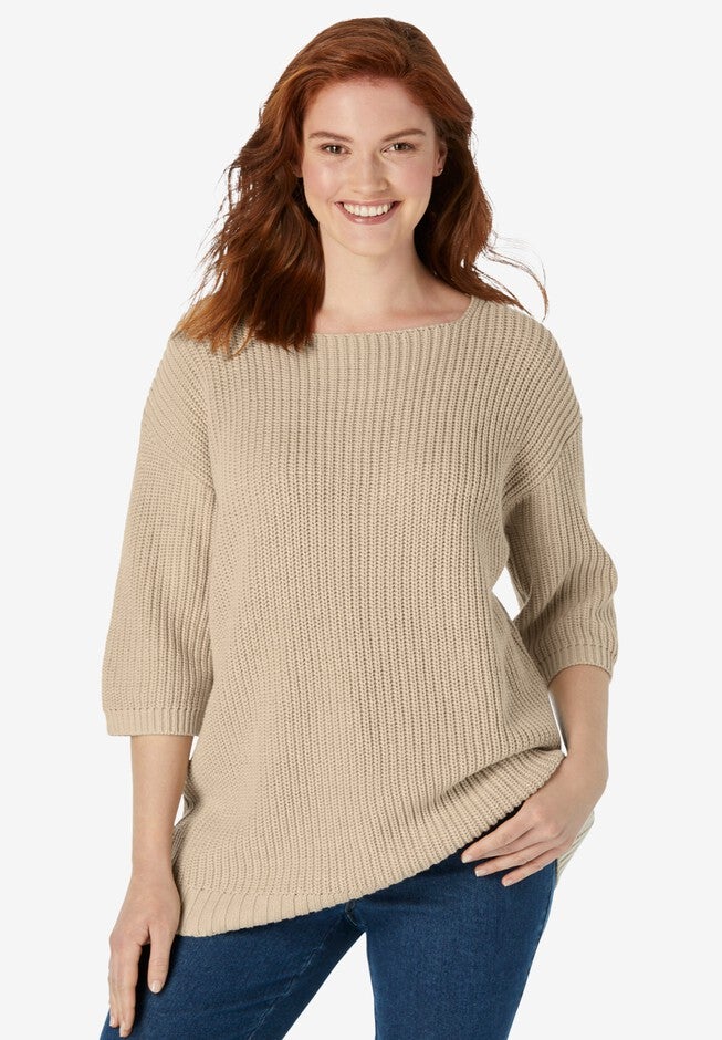 Three-Quarter Sleeve Pullover Shaker Sweater, HEATHER SAND, hi-res image number null