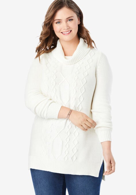Turtleneck Cable Long Sleeve Sweater, IVORY, hi-res image number null