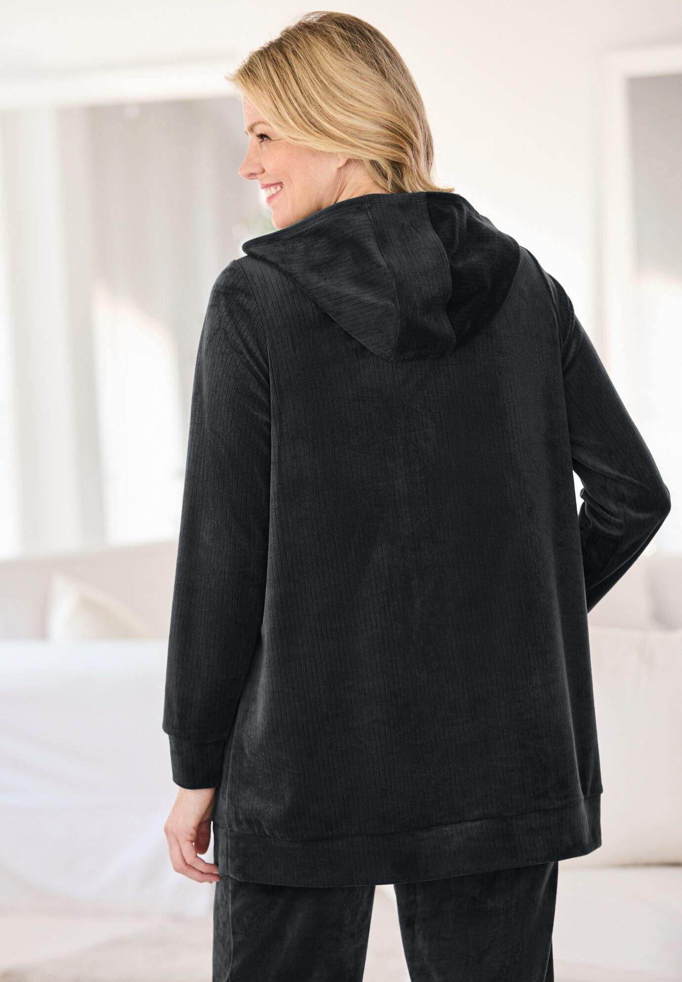 Velour Hoodie Sweatshirt, BLACK, on-hover image number 1
