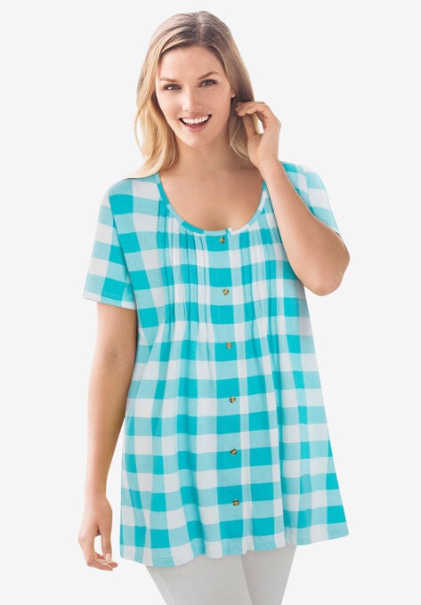 Top in soft buffalo plaid knit, tunic length with pintucks, PRETTY JADE BUFFALO PLAID, hi-res image number null